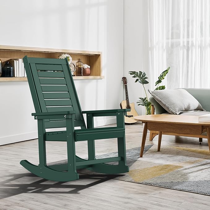GREENVINES Outdoor Rocking Chairs | Set of 4 | Porch Rocker | HDPE Plastic | Forest | Oversized Rockers | High Back | Big &amp Tall | Ladder Back | for Patio Outside Backyard Balcony Garden