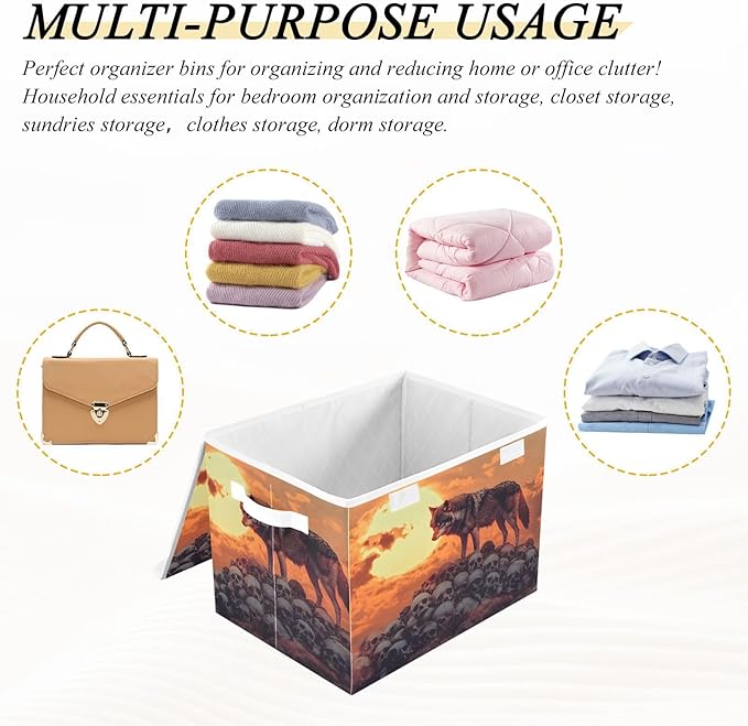 AIXIWAWA Lidded Storage Cube (Wolf on Skulls) Fabric Foldable Closet Bins with Flip Lid and Handles Organizer Basket Container 16.5 x 12.6 x 11.8 IN