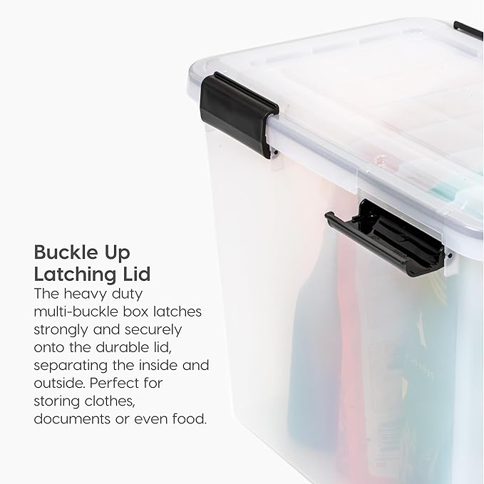 IRIS USA File Box WeatherPro Organizer Plastic for Letter/Legal Water Resistant Document Durable Lid Seal w/Secure Latching Buckles Stackable Nestable Clear 32 Qt. 1 Pack