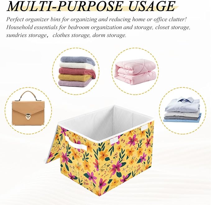Bright Yellow Spring Flower Storage Box with Lid 1 PC Foldable Storage Bin with Lids Stackable Storage Bins Cube Closet Organizer Basket with Flip-Top Lid &amp Handles for Shoes Books Towels