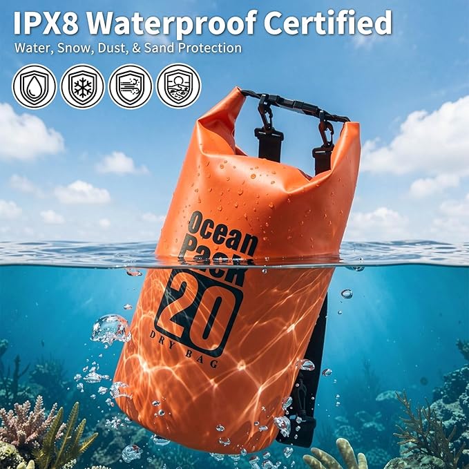 Waterproof Dry Bag 20L Water Proof Backpack Roll Top Closure Dry Bag Orange Heavy Duty Floating Pouch for Kayaking Boating Durable Hiking Backpack with IPX8 Waterproof Phone Case-Black 7