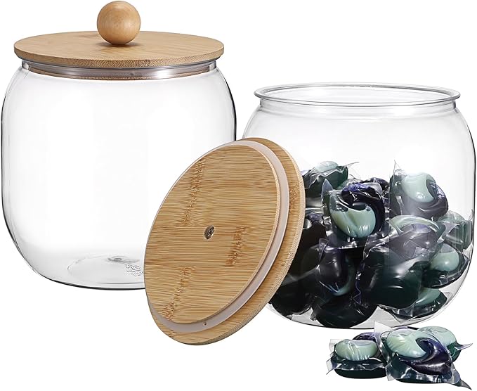 2-Pack Clear Plastic Laundry Pod Containers with Bamboo Lids &amp Seal Rings – Airtight Detergent Storage Organizer for Laundry Room/Kitchen/Bathroom Cylindrical Dishwasher Pods Container