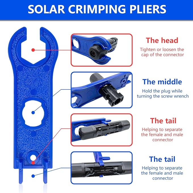 Solar Panel Connector 60PCS Solar Crimper Tool Kit for Connecting Solar Panel Cable Wire Solar Connector Kit with 30 Pairs Male/Female Solar Connectors 1PCS Solar Crimper 2 PCS Spanner Wrench