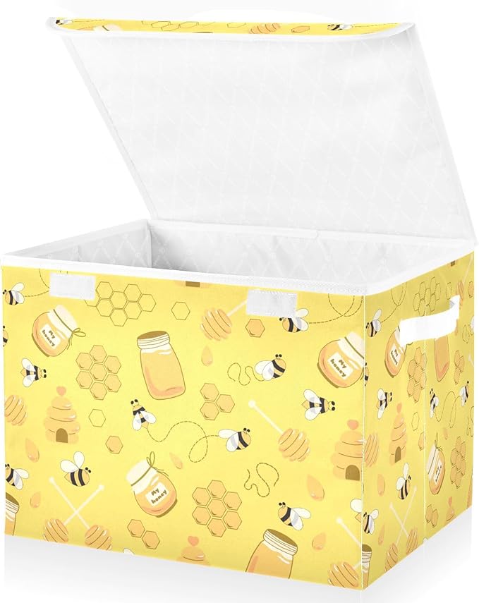 Storage Box Yellow Bee Honey Closet Storage Bins with Lids Foldable Oxford Fabric Storage Box for Home Bedroom Closet Office (16.5x12.6x11.8 in)