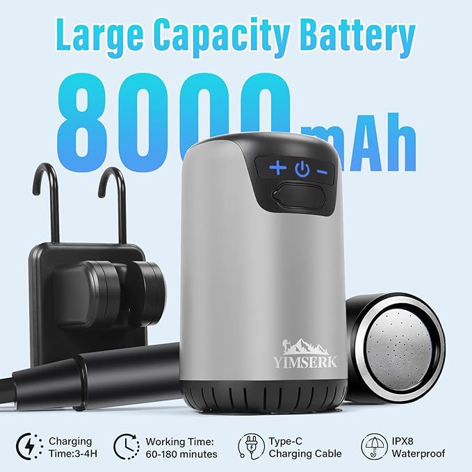 8000mAh Portable Camping Shower 10-Speed Camp Shower Pump LED Display 4 Spray Modes IPX8 Waterproof Outdoor Shower Kit for Hiking Travel Pet Car Wash