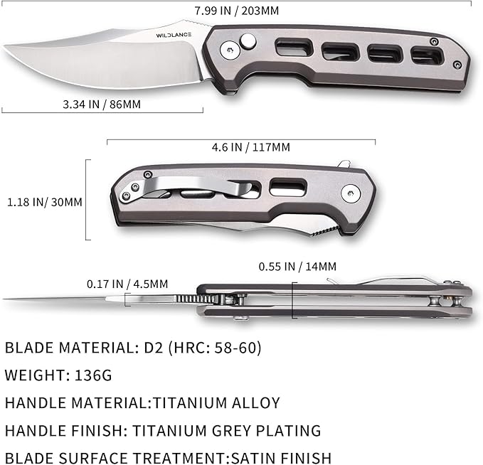 Small EDC Pocket Knife for Men &amp Women - 3 Trailing Point D2 Blade Titanium Handle with Button Lock &amp Pocket Clip | Small Slim Cool Folding Knife for Daily Carry Camping Hiking &amp Outdoo