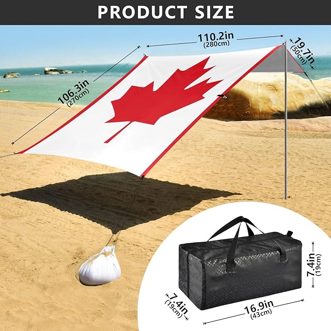 Canada Flag Foldable Beach Tent UPF50+ Protection Easy Setup Shade Sun Shelter with Sand Shovel for Family Trips Picnics &amp Camping