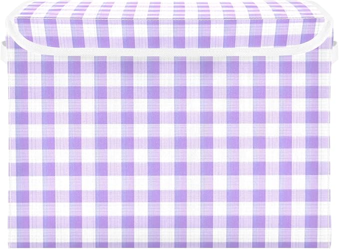 Purple Gingham Checkered Storage Box with Lid 1 PC Foldable Storage Bin with Lids Stackable Storage Bins Cube Closet Organizer Basket with Flip-Top Lid &amp Handles for Shoes Books Towels
