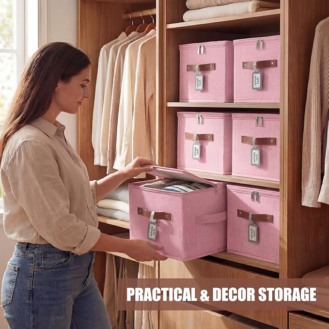 6 Pack Fabric Closet Storage Bins with Zipper Lids and Label 10×8×7In Large Size Foldable Cotton Linen Storage Cubes Boxes with PU Leather Handles Holders for Bedroom Nursery Pink