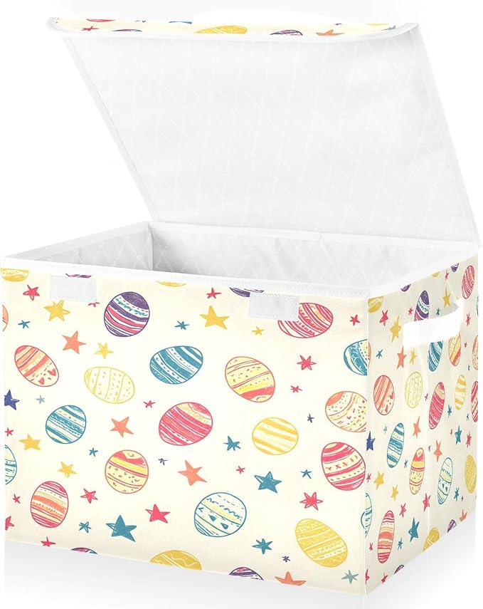Doodle Easter Egg Pattern Foldable Storage Baskets Fabric Boxes with Handle Organizers with Flip-Top Lids Storage Bins for Home Bedroom Office