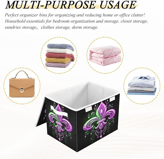 Storage Baskets with Lids Collapsible Bins Mardi Gras Stackable Fabric Linen Baskets Closet Organizer Container 16.5x12.6x11.8