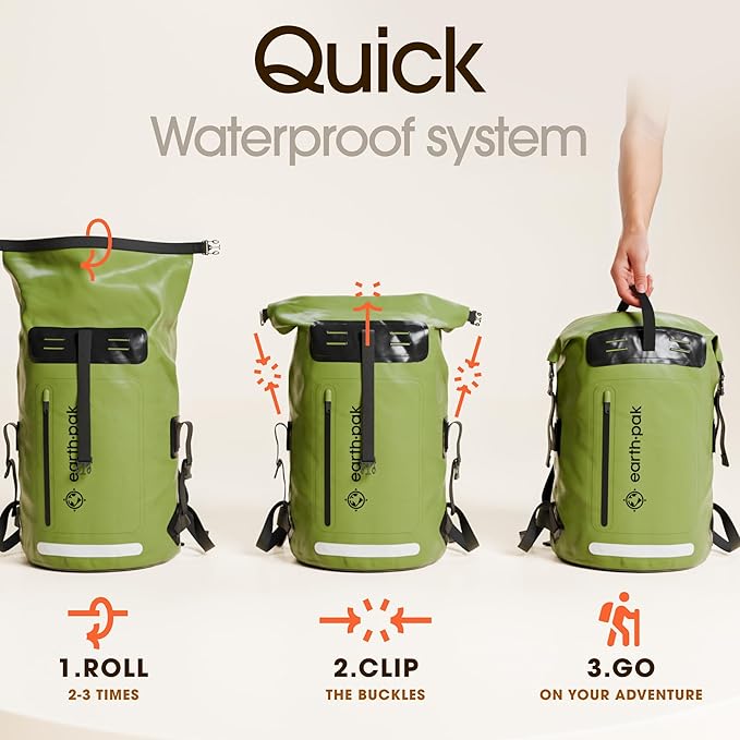 Earth Pak Waterproof Backpack - Heavy Duty Roll-Top Closure with Easy Access Front-Zippered Pocket and Cushioned Padded Back Panel for Comfort with IPX8 Waterproof Phone Case
