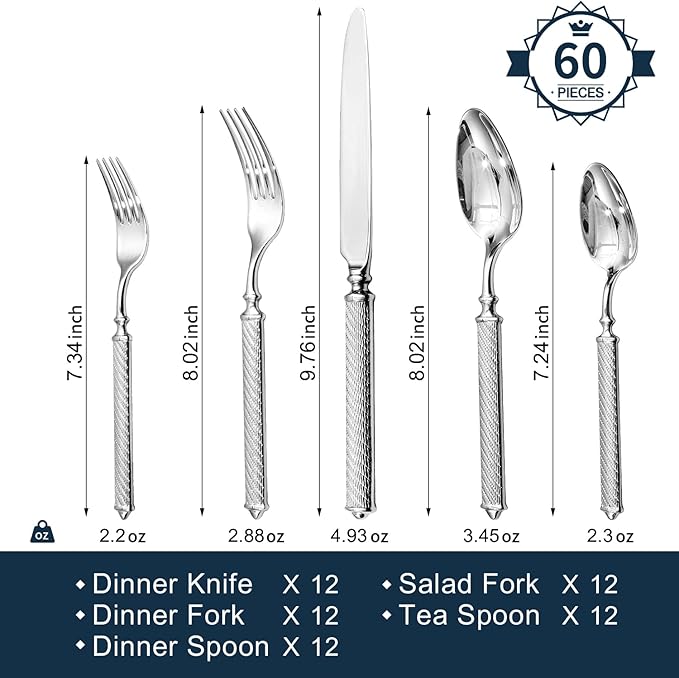 KINGSTONE Retro Rope-Pattern Silverware Set 60-Piece Flatware Set Cutlery Set Forged with Handcrafted Texture Handles 18/10 Stainless Steel Dishwasher Safe