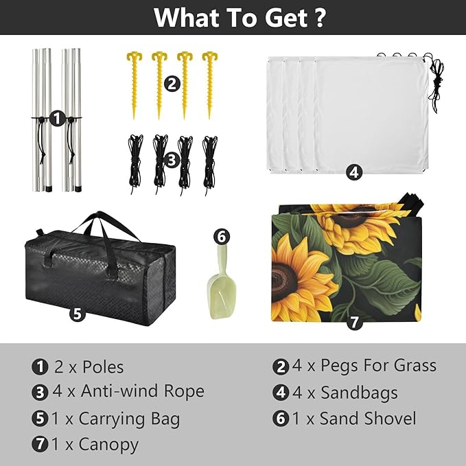 ALAZA Sunflowers on A Black Beach Tent Sun Shelter Portable Canopy Sunshade for Outdoor Camping Picnics Backyard Fun 10x9 ft