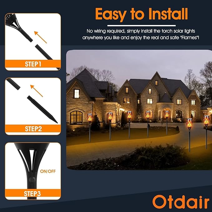 Otdair 96 LED Solar Lights Outdoor Upgraded 6 Pack 43 Tall &amp Super Larger Size Waterproof Tiki Torches for Outside 2200mAh Solar Solar Torch Light with Flickering Flame for Path Yard Garden