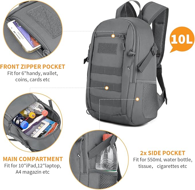 HUNTVP 10L Tactical Backpack Small Backpack Mini Daypack Military MOLLE Rucksack Gear Tactical Assault Pack Bag for Hunting Camping Trekking(10l-grey)