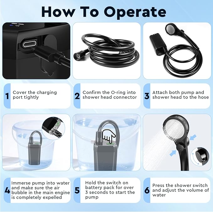 Fotgear Portable Camping Shower - 6000mAh Rechargeable Outdoor Shower with LED Display - IPX7 Waterproof Camping Shower Kit for Hiking Travel Car Washing RV Pet Bath