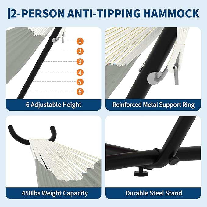 Double Hammocks with Stand for Outside Portable Space Saving Heavy-Duty Steel Stand for Indoor Outdoor Patio with Carrying Bag 450 lbs Capacity