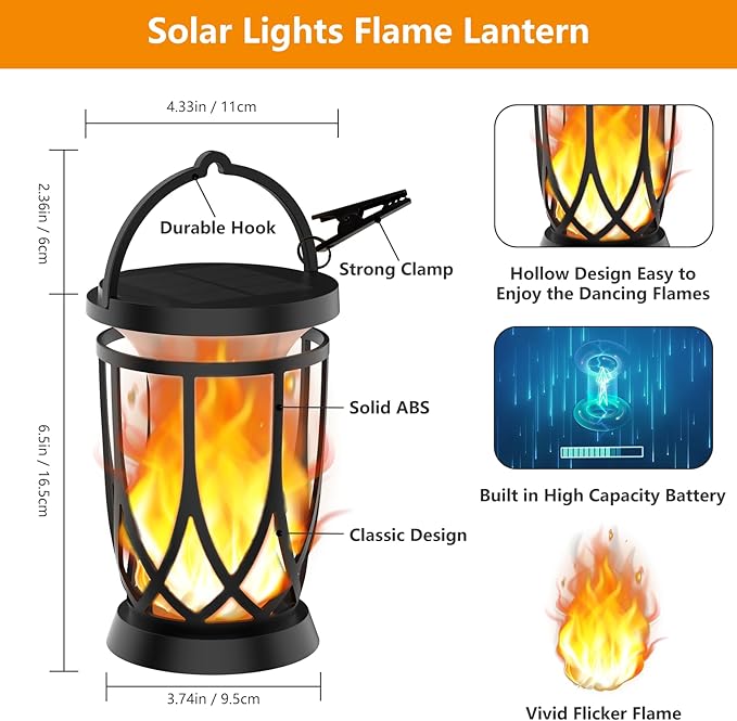 Solar Lanterns Outdoor Waterproof 2 Pack Flickering Solar Flame Lights Upgraded Hanging Flame Lantern Pathway Torch Light Table Lamp Auto On/ Off Porch Yard Gifts(2 Lighting Modes)