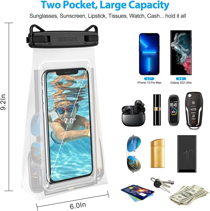 HAISSKY Large Waterproof Phone Pouch Floating Dry Bag for iPhone 13 12 11 Pro Up to 6.9 Waterproof Bag with Adjustable Strap Sunscreen Glasses Storage Dry Bag for Swimming Beach Water Parks (1 Pc)