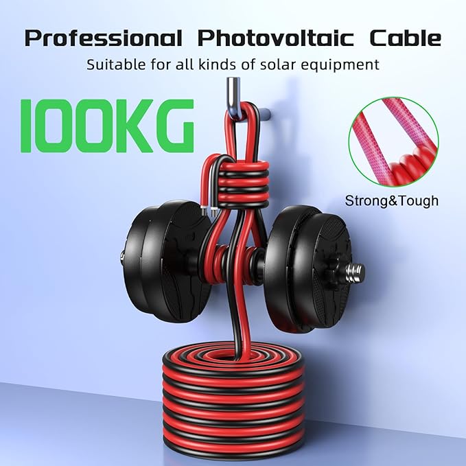 Bateria Power Solar Panel Wire 50Ft Black and 50Ft Red Kit 10AWG (6mm²) Solar Panel Extension Cable PV Tinned Copper Wire for Outdoor Home Off-Grid Photovoltaic Systems Automotive RV Boat Marine