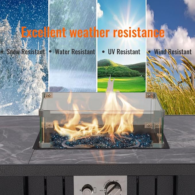 32'' Propane Fire Pit Table Marble Tile Ceramic Tabletop with Glass Wind Guard 50000 BTU Fire Table with Inclined Leg and Art Powder Design Blue Glass Rocks Including Lid&ampCover Grey
