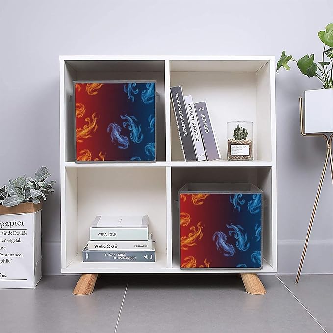 Fabric Storage Bins with Handles Yellow Blue Ice Fire Foldable Collapsible Cube Organizer for Shelves Multi-Purpose Box for Bedroom Living Room Closet