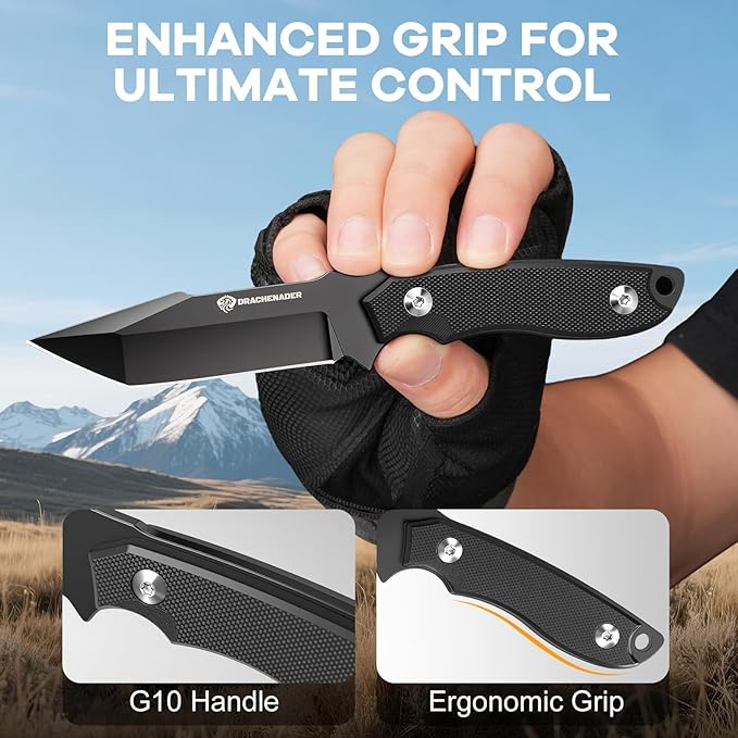 DRACHENADER Horizontal Carry Fixed Blade Knife 59-61 HRC D2 Steel Full Tang Tanto EDC Knife G10 Handle Kydex Sheath for Horizontal Scout Carry Tactical Outdoor Survival Knife