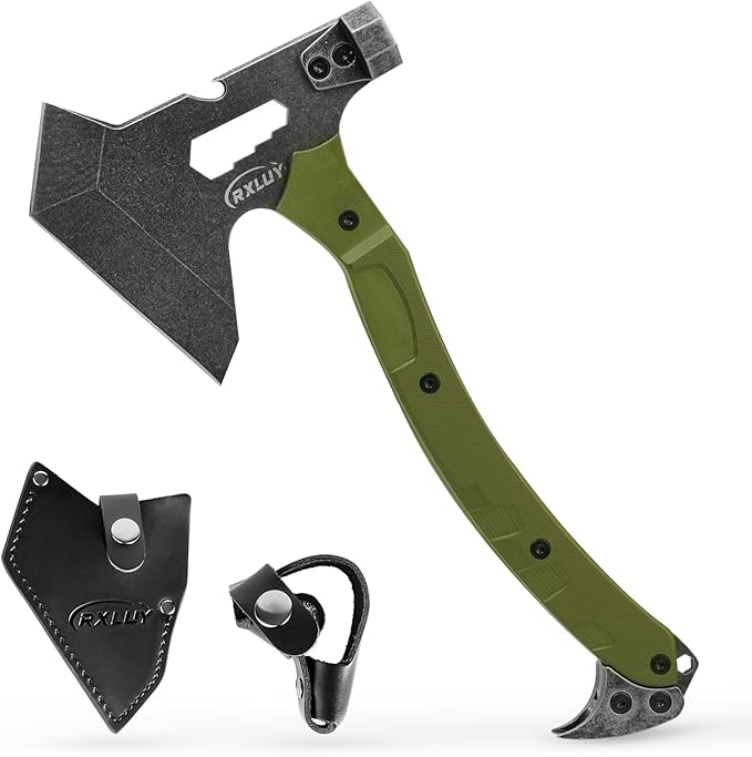 Tactical Axe with G10 Handle Camping Survival Hatchet Multifunctional Hiking Outdoor Heavy Duty Full Tang Tomahawk Tools with Hammer Unique Design Crowbar Leather Sheath (Green)