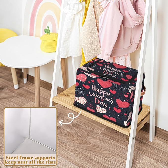 Happy Valentine Storage Bins with Zipper Lid Love Heart Fabric Lidded Storage Baskets Cubes with Handles Decorative Foldable Shelf Closet Organizer Container