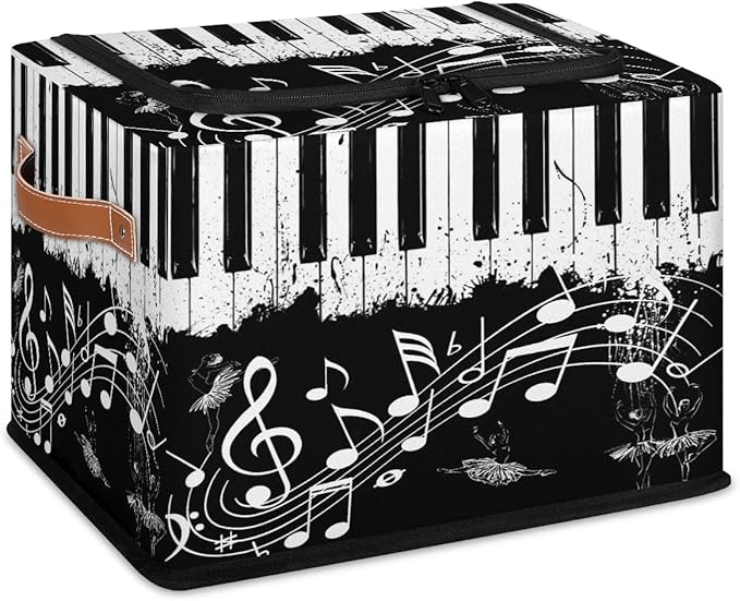 Music Note Ballet Storage Bins with Zipper Lid Collapsible Fabric Storage Basket with Leather Handles Closet Shelf Cloth Organizer Basket for Nursery Bedroom Clothes Toy