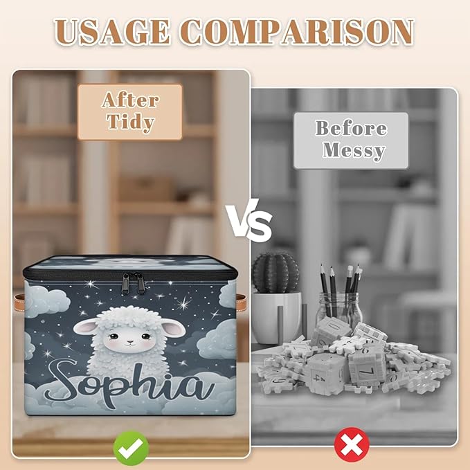 Custom Storage Basket with Name Personalized Storage Bins with Zipper Lid Foldable Fabric Storage Box Large capacity with Handle Cloud Sheep