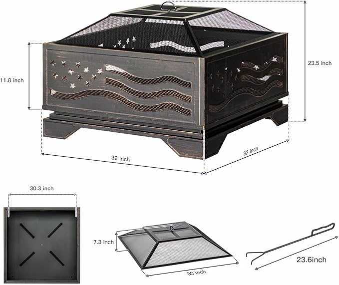 Verdeluxe 32Inch Square-Shaped Fire PitOutdoor Fire Pits with Spark Screen&ampPokerMetal Square Wood Burning Firepits for OutsideBackyardBonfirePatioPartyGardenPicnic and Camping(Antique Bron
