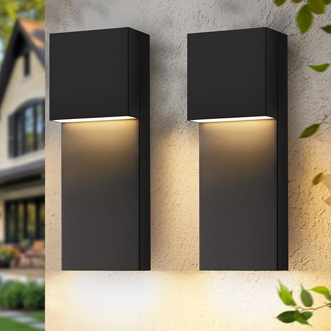 Modern LED Outdoor Wall Sconce Black Exterior Light Fixtures Outside Wall Mount Lighting for House Porch Garage Backyard 3000K 15 Inch 2 Packs