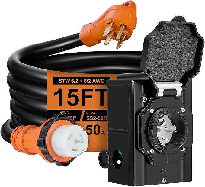 15FT 50 Amp Generator Cord with Pre-Drilled Power Inlet BoxHeavy Duty Generator Power Cord 4 Prong125/250VNEMA 14-50P Male to SS2-50R &amp CS6364WaterproofETL ListedHome/RV Power Supply