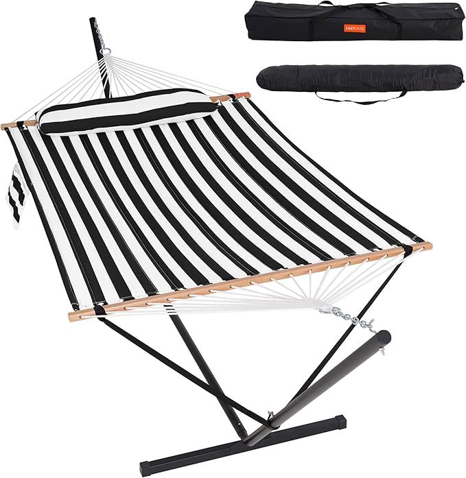 Lazy Daze Hammocks 2 Person Portable Hammock with 12FT Stand for Outside Quilted Double Hammock with Spreader Bar and Detachable Pillow 450lbs Capacity Perfect for Outdoor Patio Black Stripes