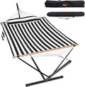 Lazy Daze Hammocks 2 Person Portable Hammock with 12FT Stand for Outside Quilted Double Hammock with Spreader Bar and Detachable Pillow 450lbs Capacity Perfect for Outdoor Patio Black Stripes