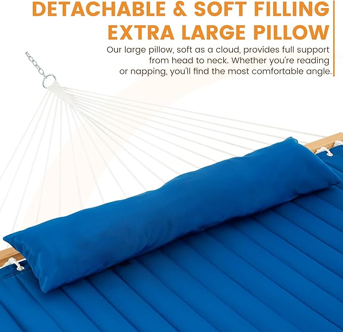Lazy Daze 12 FT Double Quilted Fabric Hammock with Spreader Bars and Detachable Pillow 2 Person Hammock for Outdoor Patio Backyard Poolside 450 LBS Weight Capacity Dark Blue/Natural