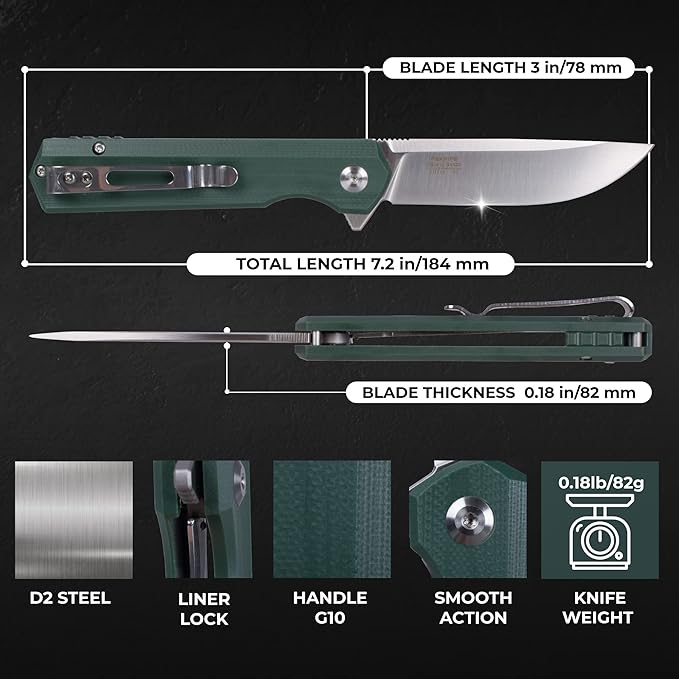 Firebird GANZO FH11 Pocket Folding Knife D2 Steel Blade G10 Handle with Clip Hunting Fishing Camping Outdoor EDC Knife (Green)