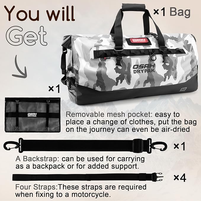 OSAH DRYPAK Waterproof Duffel Bag 25L/40L/60L – Heavy-Duty Motorcycle Tail Bag Roll-Top Dry Bag for Travel Camping Boating Kayaking Outdoor Adventure