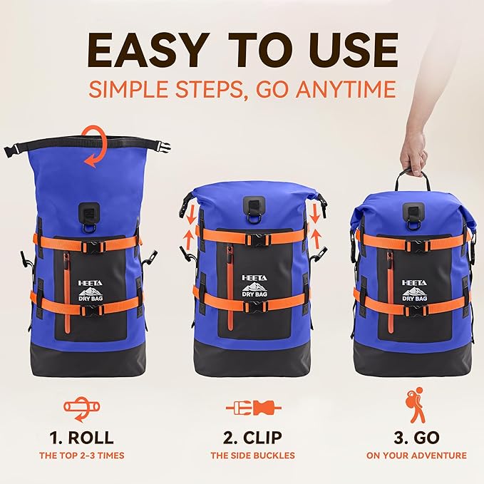 HEETA Dry Bags Waterproof Backpack 40L for Men &amp Women Roll Top Heavy Duty Cushioned Hiking Backpack for Kayaking Boating Paddle Boarding Fishing Travel Camping Beach Vacation Cruise Ship Essenti