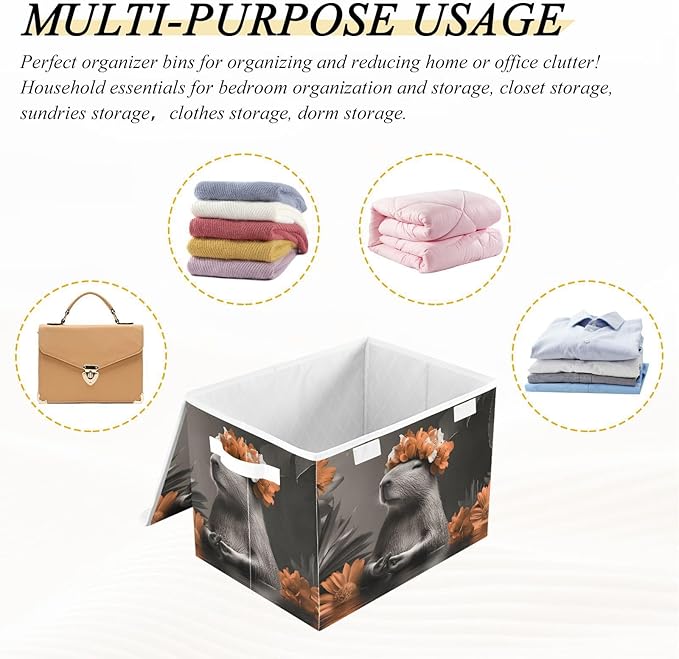 Peace Capybara Storage Cube Bins Basket with Lid Collapsible Flip-top Fabric with Handle for Home Bedroom Closet Office 16.5×12.6×11.8 in