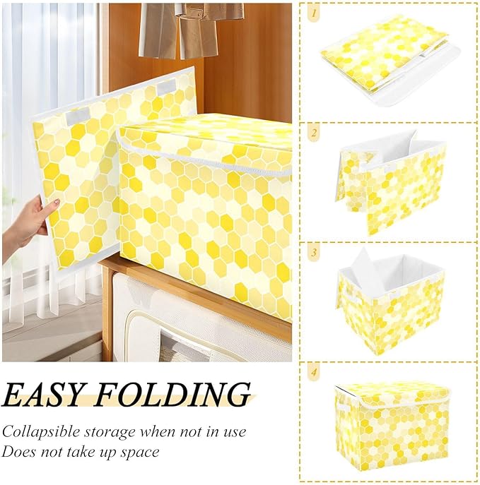 susiyo Large Foldable Storage Bin with Flip-Top Lid Yellow Bee Honeycomb Storage Box Collapsible Closet Organizer Containers Boxes Decorative Baskets with Handles for Home Bedroom Living Room Office