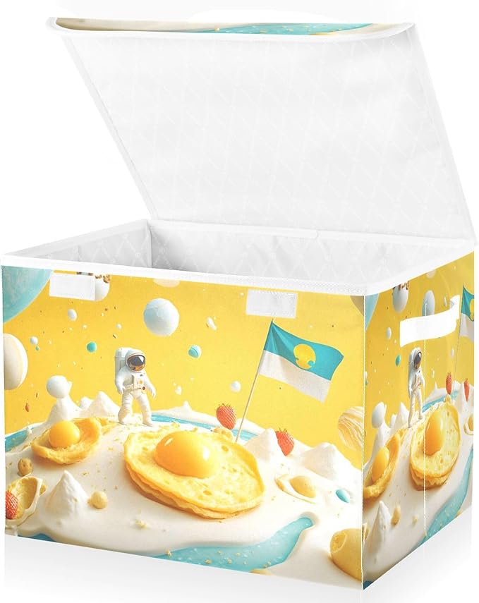Cartoon Astronaut Storage Cube Bins Basket with Lid Collapsible Flip-top Fabric with Handle for Home Bedroom Closet Office 16.5×12.6×11.8 in