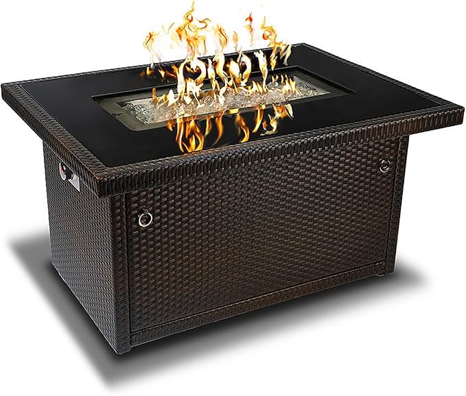 Outland Living Series 403 Fire Table – 44 50000 BTU Outdoor Propane Gas Fire Pit Table with Tempered Glass Top &amp Arctic Ice Decorative Glass Rocks Espresso Brown