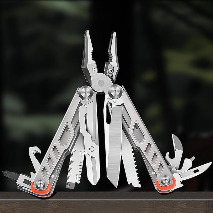 Multitool 15-in-1 Full-Size Lightweight EDC Multi-Purpose Pliers Multitools Camping Knives &amp Tools Tactical Outdoor Gear Mens Gifts Ideas Gifts for Hunters Men who have Everything (Gray)