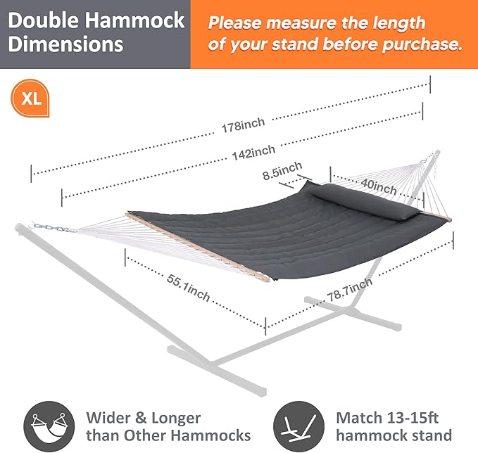 SUNCREAT Hammocks 2 Person Hammock with Hardwood Spreader Bar Double Rope Hammock with Polyester Pad Dark Gray