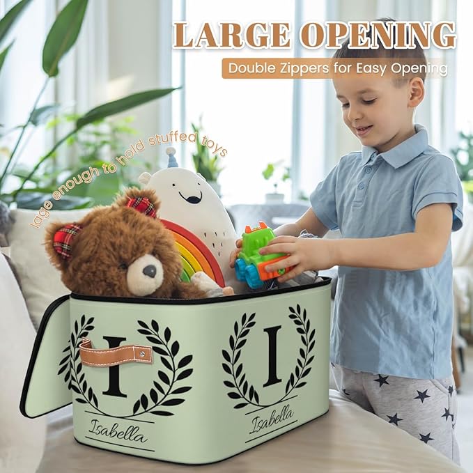 Custom Storage Bins with Lid Initial Name Personalized Storage Basket Boxes Eucalyptus Leaves Foldable Closet Organizer Cube Sage Green