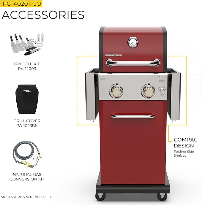 Permasteel 2-Burner Propane Gas Grill BBQ Grill with Foldable Side Tables &amp Tool Hooks Perfect for Outdoor Cooking Patio &amp Garden Red