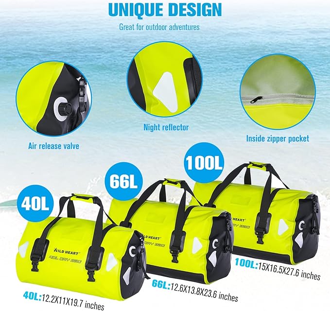 WILD HEART Waterproof Motorcycle Duffel Bag PVC500D Double-bottom With Rope Straps and Inner Pocket 40L 66L 100L for Kayaking Camping BoatingMotorcycle